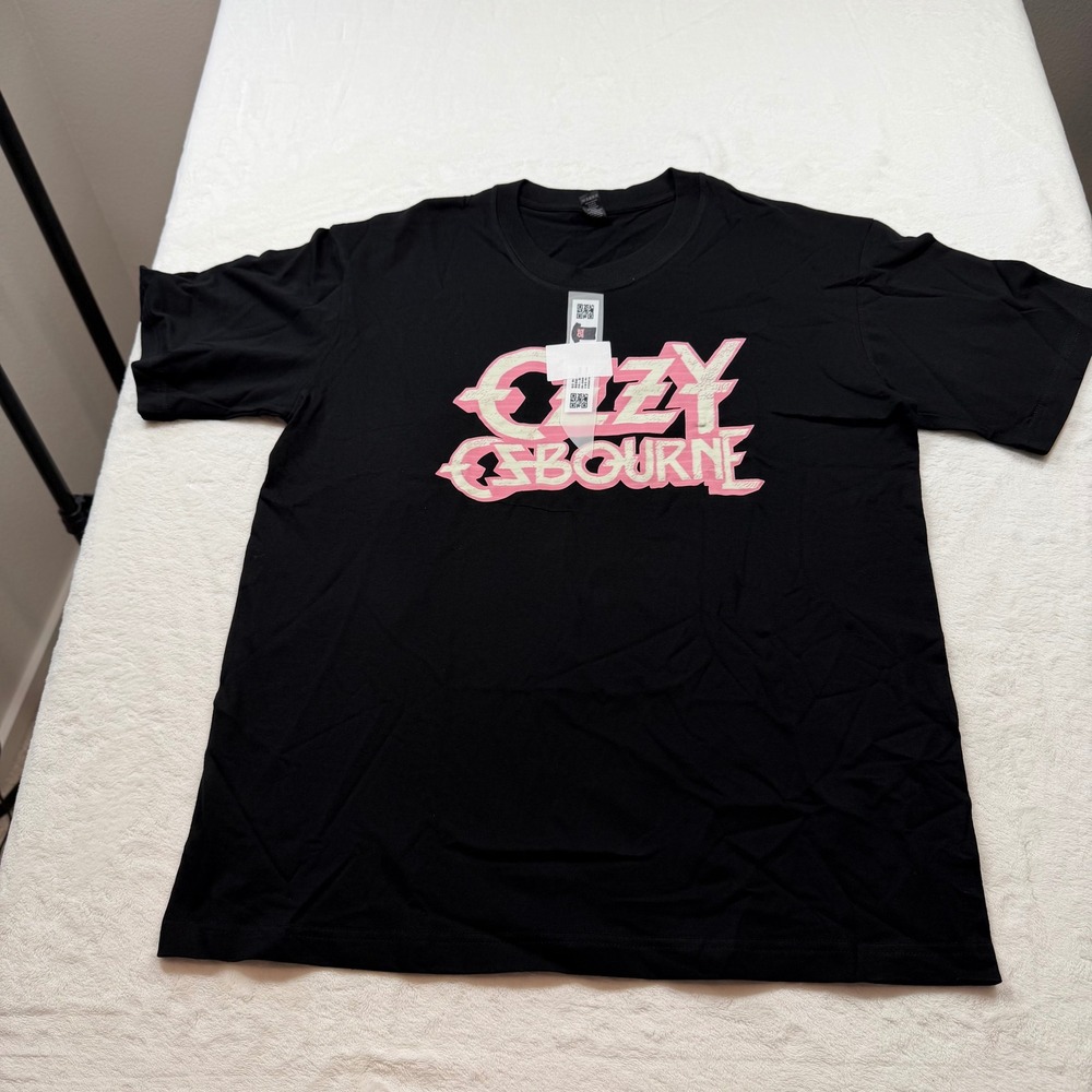 Ozzy Osbourne Graphic T-Shirt Mens Large Black‎ New Pink Logo Rock Band Tee